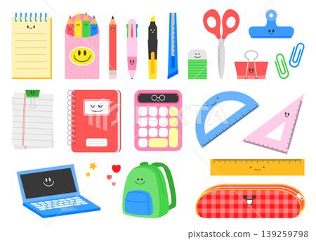 Bright school supplies are spread out on a table in a classroom. Items include notebooks, pens, scissors, and a calculator. Everything looks ready for study and learning. Bright school supplies are spread out on a table in a classroom. Items include notebooks, pens, scissors, and a calculator. Everything looks ready for study and learning. 139259798