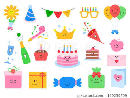 A collection of party decorations and items is arranged with smiles. There are balloons, a cake, gifts, and festive elements ready for a celebration. A collection of party decorations and items is arranged with smiles. There are balloons, a cake, gifts, and festive elements ready for a celebration. 139259799