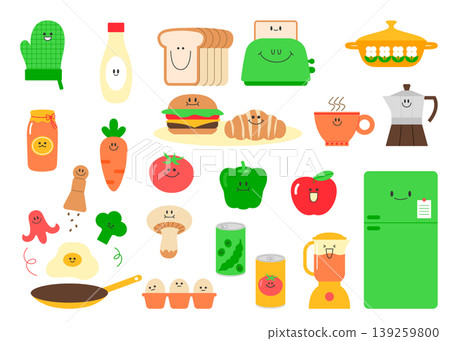 A variety of food items like bread, vegetables, and drinks are placed on a light surface. Kitchen tools like a frying pan and blender are included. Happy faces add charm to these items. A variety of food items like bread, vegetables, and drinks are placed on a light surface. Kitchen tools like a frying pan and blender are included. Happy faces add charm to these items. 139259800