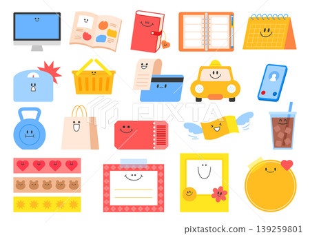 A collection of designs shows different items like a computer, a basket, and a drink, all with smiling faces. These designs create a fun atmosphere and capture everyday objects. A collection of designs shows different items like a computer, a basket, and a drink, all with smiling faces. These designs create a fun atmosphere and capture everyday objects. 139259801