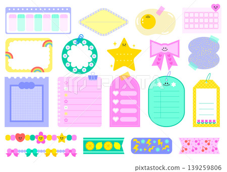 A variety of decorative stickers and labels used for planning, scrapbooking, and organizing notes. The design includes different shapes and themes for creative projects. A variety of decorative stickers and labels used for planning, scrapbooking, and organizing notes. The design includes different shapes and themes for creative projects. 139259806
