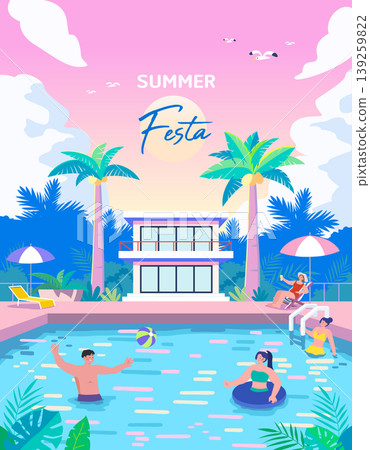 Groups of people participate in fun activities in a swimming pool. Some swim while others relax. Bright colors fill the sky as it looks like summer. Palm trees are in the background near a house. Groups of people participate in fun activities in a swimming pool. Some swim while others relax. Bright colors fill the sky as it looks like summer. Palm trees are in the background near a house. 139259822