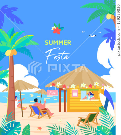 People are sitting on lounge chairs at a beach near a tiki hut. The sun is shining and there are palm trees around. Some clouds are in the sky above. People are sitting on lounge chairs at a beach near a tiki hut. The sun is shining and there are palm trees around. Some clouds are in the sky above. 139259830