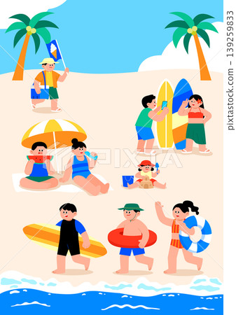 Groups of people enjoy activities at the beach. Some relax under umbrellas, while others hold surfboards and play in the water. It is a bright sunny day with palm trees in the background. Groups of people enjoy activities at the beach. Some relax under umbrellas, while others hold surfboards and play in the water. It is a bright sunny day with palm trees in the background. 139259833