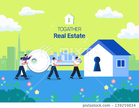 A group of four people is moving a large key toward a house with a keyhole. They are in an urban area with buildings and a green background, promoting real estate. 139259834