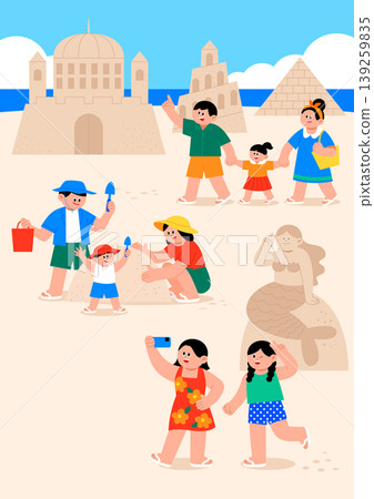 Groups of families are at the beach. Children are playing in the sand, building sandcastles, and using toys. Some adults are walking and taking pictures. Groups of families are at the beach. Children are playing in the sand, building sandcastles, and using toys. Some adults are walking and taking pictures. 139259835