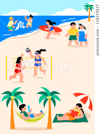 Groups of people are engaging in different activities on a beach. Some are swimming, while others play volleyball or relax under trees. The ocean and sky are clear. Groups of people are engaging in different activities on a beach. Some are swimming, while others play volleyball or relax under trees. The ocean and sky are clear. 139259837