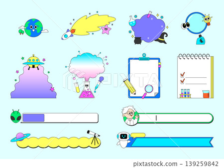 Cartoon drawings show various space and science objects. There are aliens, rockets, and lab equipment. Characters and icons create a fun scene for kids or educational use. Cartoon drawings show various space and science objects. There are aliens, rockets, and lab equipment. Characters and icons create a fun scene for kids or educational use. 139259842