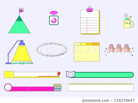 Various items for organization and planning are displayed on a light background. Colorful mountain icon, sticky notes, a notebook, and a cup are present. Items suggest productivity and creativity. Various items for organization and planning are displayed on a light background. Colorful mountain icon, sticky notes, a notebook, and a cup are present. Items suggest productivity and creativity. 139259847