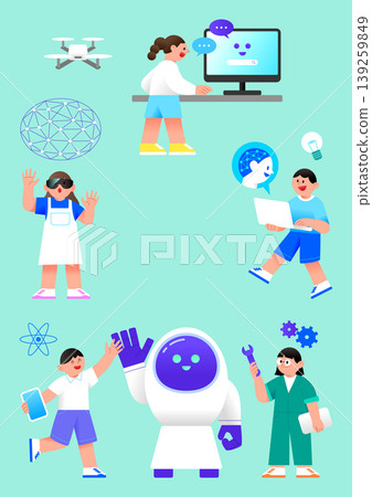Kids engage with different technology activities including using computers, working with drones, and exploring robotics. They learn and interact in a bright classroom setting. Kids engage with different technology activities including using computers, working with drones, and exploring robotics. They learn and interact in a bright classroom setting. 139259849