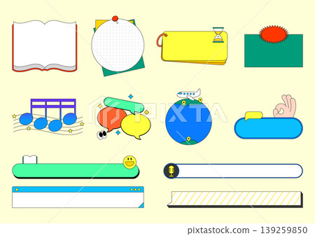 Various icons and shapes are arranged on a plain background. They represent concepts like learning, music, travel, and communication. Each shape has a different color and design. Various icons and shapes are arranged on a plain background. They represent concepts like learning, music, travel, and communication. Each shape has a different color and design. 139259850