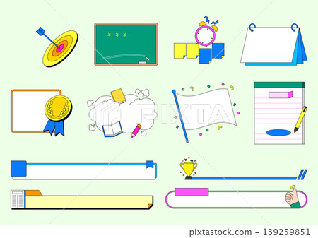 Gray and colorful icons show different elements related to learning and achievements. Items include a dartboard, chalkboard, clock, calendar, medal, and a flag among others. Gray and colorful icons show different elements related to learning and achievements. Items include a dartboard, chalkboard, clock, calendar, medal, and a flag among others. 139259851