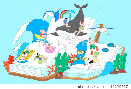 People are shown engaging in various water activities around a big whale and colorful ocean scenes. The background is light blue with waves, coral, and marine life. 139259867