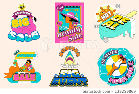 Different designs showcase a summer sale theme with promotions and discounts for beauty items. Bold colors, playful graphics, and summer symbols attract shoppers to participate in the event. Different designs showcase a summer sale theme with promotions and discounts for beauty items. Bold colors, playful graphics, and summer symbols attract shoppers to participate in the event. 139259869