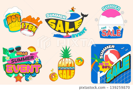 Bright graphics show different summer sale themes with items like drinks, ice cream, surfboards, and fruit. Each design promotes sales and summer events in a lively way. Bright graphics show different summer sale themes with items like drinks, ice cream, surfboards, and fruit. Each design promotes sales and summer events in a lively way. 139259870