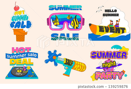 Colorful signs promote a summer sale with ice cream, sunglasses, and music. Different designs feature fun themes for the event. These signs create excitement for summer activities. 139259876