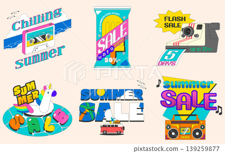 Various marketing designs highlight summer sales with bright colors and playful themes. The focus is on discounts and is aimed at attracting customers this season. 139259877