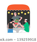 Families and friends sit on blankets enjoying food and drinks at a park. Children play games nearby while adults talk and relax in the warm sun. Birds fly overhead in the clear sky. 139259918