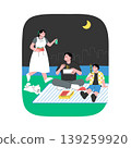A group of friends sits on blankets in a green park. They share food and drinks while laughing and talking together. Bright sunlight shines on them as trees surround the area. 139259920
