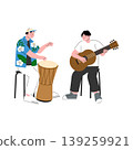 Friends gather around a barbecue grill at a park by a lake in the afternoon. They laugh, cook food, and share drinks under clear skies surrounded by trees. 139259921
