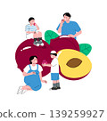 Groups of people are sitting at tables outside a cafe. They are eating, drinking, and chatting under the sun. Green trees surround the area, creating a lively atmosphere for social gatherings. 139259927