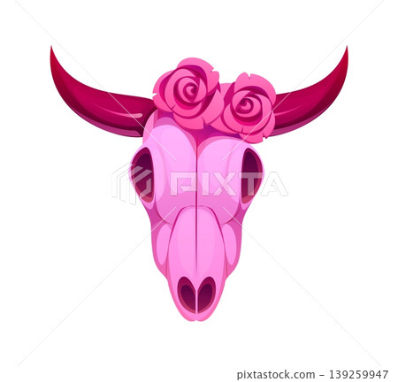 Cowgirl or disco girly cowboy cartoon groovy longhorn bull skull with pink roses, vector Y2K vintage icon. Wild West cowgirl t shirt print and Western cowboy disco party or country girl groovy design Cowgirl or disco girly cowboy cartoon groovy longhorn bull skull with pink roses, vector Y2K vintage icon. Wild West cowgirl t shirt print and Western cowboy disco party or country girl groovy design 139259947