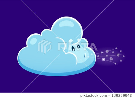 Winter wind cloud cartoon funny weather character blowing windy snow, vector icon. Blizzard or snowstorm cloud with cold wind, weather character with face for weather emoji or forecast emoticon 139259948