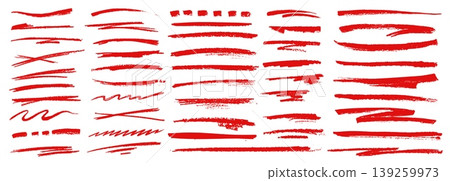Highlight red crayon pencil lines and vector hand drawn doodle underline. Rough red crayon lines with thick and thin strokes of straight, wavy and cross marked, zigzag scribbles and dashed accents 139259973