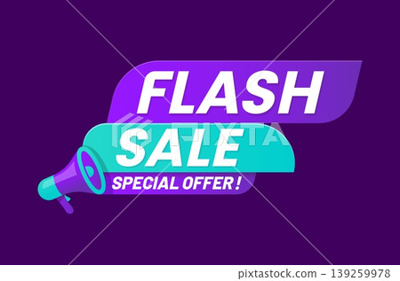 Sale offer label, deal discount tag and icon. Vibrant sale emblem in rich purple and fresh green. Tag features megaphone and Flash sale special offer text. Vector icon for limited flash event Sale offer label, deal discount tag and icon. Vibrant sale emblem in rich purple and fresh green. Tag features megaphone and Flash sale special offer text. Vector icon for limited flash event 139259978