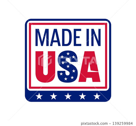 Made in USA badge icon with American flag for label and vector stamp of United States quality production symbol. Made in USA badge with America flag stars for product manufactured in US label Made in USA badge icon with American flag for label and vector stamp of United States quality production symbol. Made in USA badge with America flag stars for product manufactured in US label 139259984