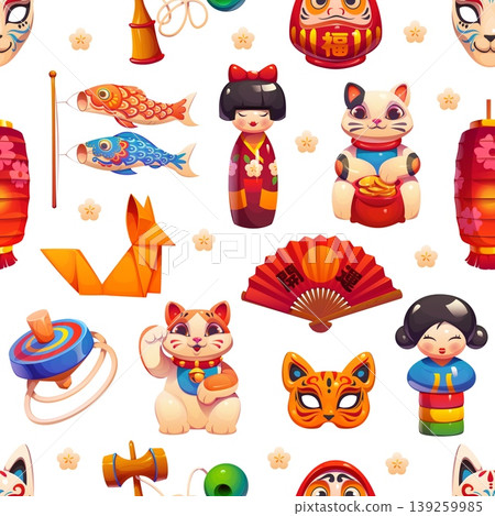 Japanese toys and dolls seamless pattern. Cartoon vector pattern featuring daruma dolls, maneki neko, wooden kokeshi dolls, temari thread balls, and paper fish kites for textile prints, or stationery Japanese toys and dolls seamless pattern. Cartoon vector pattern featuring daruma dolls, maneki neko, wooden kokeshi dolls, temari thread balls, and paper fish kites for textile prints, or stationery 139259985