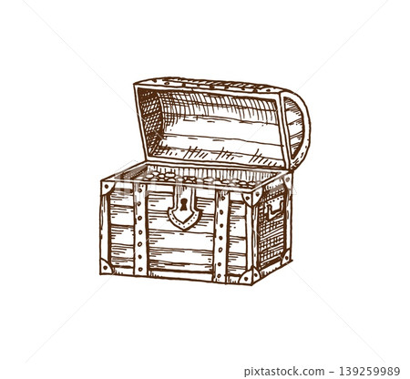 Old wooden pirate treasure chest with golden coins inside. Ancient vector trunk with treasure embodies fortune and adventure, perfect for pirate games, historical illustrations, geographical map Old wooden pirate treasure chest with golden coins inside. Ancient vector trunk with treasure embodies fortune and adventure, perfect for pirate games, historical illustrations, geographical map 139259989