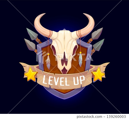 Wild West cowboy level up rank for Western game badge or interface, cartoon vector. Level Up shield with longhorn bull skull and Western Indian spear weapon with stars on ribbon for Wild West game GUI Wild West cowboy level up rank for Western game badge or interface, cartoon vector. Level Up shield with longhorn bull skull and Western Indian spear weapon with stars on ribbon for Wild West game GUI 139260003
