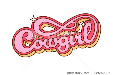 Cowgirl groovy cartoon text and disco cowboy pink badge, vector icon. Pink cowgirl lettering banner with shiny heart and sparkles for Wild West cowgirl and Western girly cowboy disco t shirt print 139260006