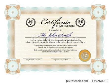 Certificate of achievement with guilloche frame. Vector award gift or diploma template featuring ornamental border patterns, laurel wreath emblems, gold seal and fields for name and signature 139260009