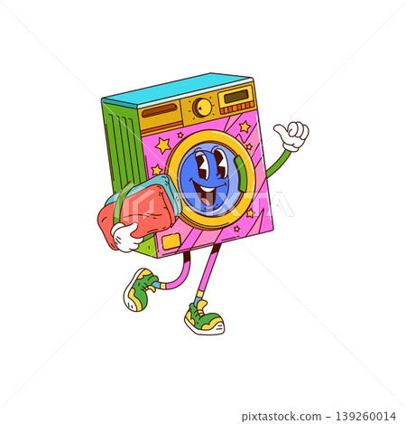 Cartoon groovy washing machine character running. Happy colorful home appliance personage with clean towels in its hands. Funky psychedelic vector mascot for home decor designs, laundry room graphics 139260014