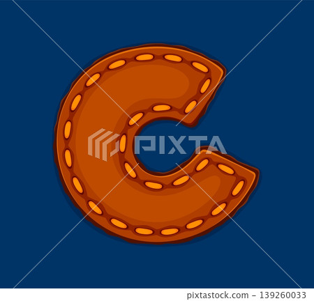 Cartoon patch patchwork letter C typeface. Vector brown leather English alphabet type with orange stitching detail. Cartoon ABC for educational materials, sports team branding or kids apparel design Cartoon patch patchwork letter C typeface. Vector brown leather English alphabet type with orange stitching detail. Cartoon ABC for educational materials, sports team branding or kids apparel design 139260033