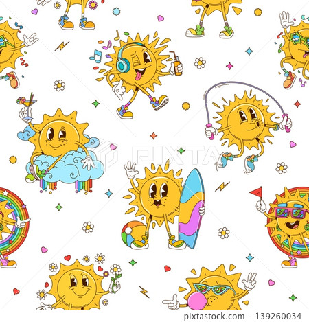 Cartoon groovy sun characters seamless pattern. Funky seamless pattern, groovy vector print with summer sun hippie funny characters jumping rope, holding surfboard, dancing and walking in headphones 139260034