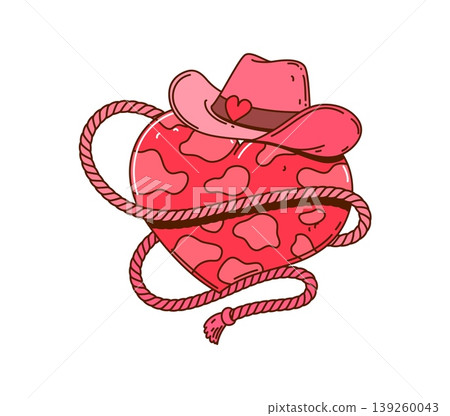 Cowgirl disco groovy icon of cowboy pink hat and heart in lasso, cartoon vector. Wild West cowgirl or Western cowboy girl pink badge with heart and sombrero hat for girly country rodeo T shirt print Cowgirl disco groovy icon of cowboy pink hat and heart in lasso, cartoon vector. Wild West cowgirl or Western cowboy girl pink badge with heart and sombrero hat for girly country rodeo T shirt print 139260043