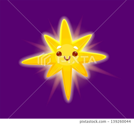 Cartoon cute kawaii star mascot character with funny face, vector icon. Cartoon star twinkling in night sky with happy smile for cheerful emoji and starry emoticon for kids or children design 139260044