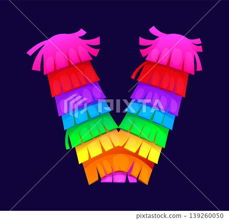 Cartoon pinata font or Mexican fiesta typeface and letter type for holiday festival, vector ABC type. Mexican pinata font of English alphabet, letter V for kids birthday party or fiesta type 139260050