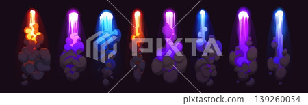 Rocket fire flame trails with smoke clouds of spaceship launch or startup, cartoon vector effects. Rocket fire trails or engine ignition of space shuttle or spacecraft missile with color neon lights Rocket fire flame trails with smoke clouds of spaceship launch or startup, cartoon vector effects. Rocket fire trails or engine ignition of space shuttle or spacecraft missile with color neon lights 139260054