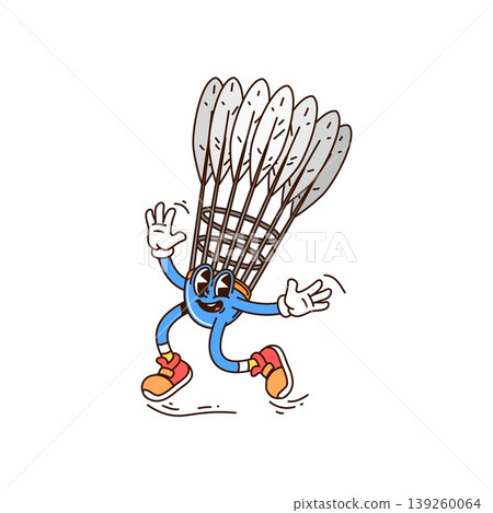Cartoon groovy badminton shuttlecock sport hippie character, vector funny emoji. Groovy badminton shuttlecock character with silly smile on funky face in happy good vibes and Y2K hipster shoes Cartoon groovy badminton shuttlecock sport hippie character, vector funny emoji. Groovy badminton shuttlecock character with silly smile on funky face in happy good vibes and Y2K hipster shoes 139260064