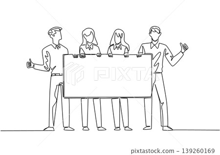 Beautiful one line drawing of two men and two women holding a blank company marketing ad board. This incredible teamwork business concept is highly suitable for a corporate presentation template. Beautiful one line drawing of two men and two women holding a blank company marketing ad board. This incredible teamwork business concept is highly suitable for a corporate presentation template. 139260169