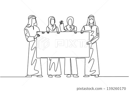 Beautiful continuous line drawing of four Arab and Muslim man and woman people holding blank board. This global diversity concept works exceptionally well for an international community event poster. Beautiful continuous line drawing of four Arab and Muslim man and woman people holding blank board. This global diversity concept works exceptionally well for an international community event poster. 139260170