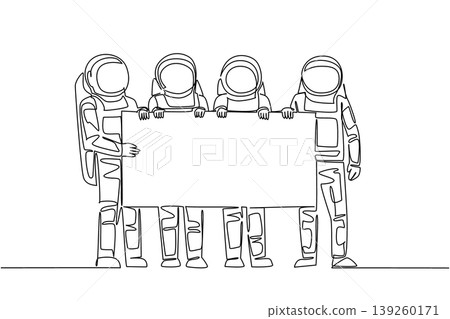 Brilliant single line drawing of four astronauts holding a large blank marketing advertisement board. This outer space science concept is outstanding choice for a kids educational science fair poster. 139260171