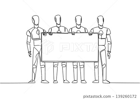 Creative one line drawing of four robots presenting a blank social communication board. This incredible technology concept is absolutely perfect for a robotics workshop flyer or a science fair poster. Creative one line drawing of four robots presenting a blank social communication board. This incredible technology concept is absolutely perfect for a robotics workshop flyer or a science fair poster. 139260172
