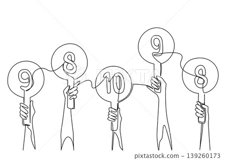 Single line drawing of hands holding round scorecards with various numbers from 8 to 10. This rating concept is a perfect choice for an evaluation business presentation or talent competition poster. Single line drawing of hands holding round scorecards with various numbers from 8 to 10. This rating concept is a perfect choice for an evaluation business presentation or talent competition poster. 139260173