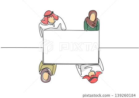 Colorful single line drawing of Arabian men and Muslim women holding a business map from a top view together. This global business concept is an ideal graphic for an international conference banner. Colorful single line drawing of Arabian men and Muslim women holding a business map from a top view together. This global business concept is an ideal graphic for an international conference banner. 139260184