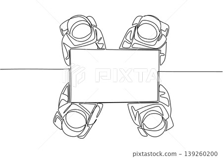 Continuous line drawing of four astronauts holding a large blank marketing ad paper together from overhead view. This outer space science concept is a fantastic option for a school educational poster. Continuous line drawing of four astronauts holding a large blank marketing ad paper together from overhead view. This outer space science concept is a fantastic option for a school educational poster. 139260200